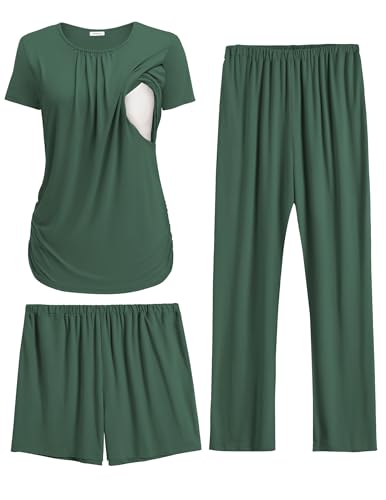 Ekouaer Maternity Nursing Pajamas Set 3 Piece Postpartum Breastfeeding Pjs - color: Dark Green, size: XX-Large