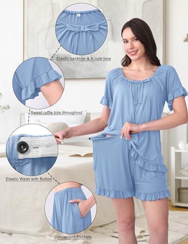 SUNNYBUY 3 PCS Ruffle Nursing Pajamas Set with Bow, Maternity Sleepwear - color: Sky Blue, size: XX-Large