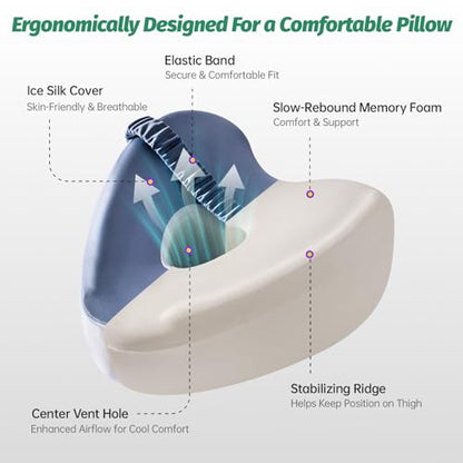 Leg & Knee Memory Foam Support Pillow for Side Sleepers, Cooling Cushion for Side Sleeping, Knee Pain Relief, Orthopedic Leg Pillow with Adjustable Strap, Removable Washable Blue and White Cover