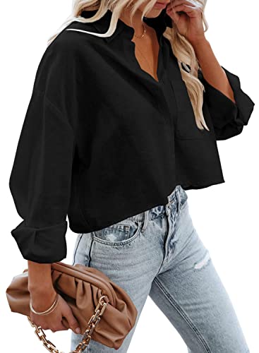 LAYOGAS Womens Crop Button Down Shirts Casual Long Sleeve Lapel Blouse - color: 02-black, size: Medium