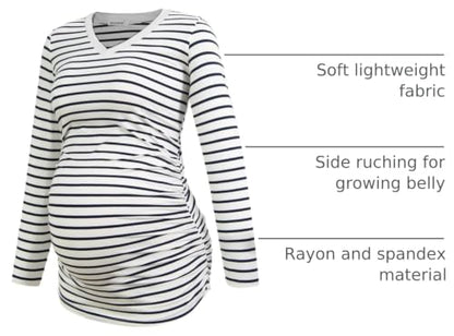 Smallshow Women's V-Neck Maternity Shirt Clothes Long Sleeve Ruched Pregnancy Top - color: Black-light Grey-white Stripe(3 Pack), size: Medium