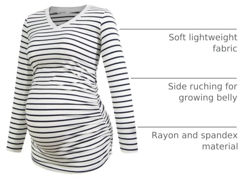 Smallshow Women's V-Neck Maternity Shirt Clothes Long Sleeve Ruched Pregnancy Top - color: Black-light Grey-white Stripe(3 Pack), size: X-Large