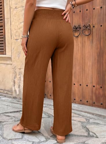 BLENCOT Women's Maternity Pants Smocked Palazzo Pregnancy Trousers - color: Camel, size: Large