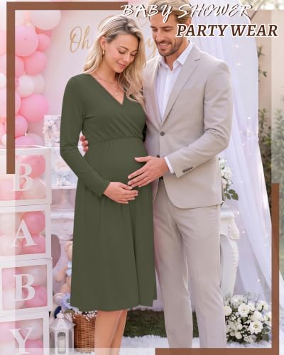 Locoowai Maternity Wrap Long Sleeve Dress V Neck Fall Dress - color: Army Green, size: Medium