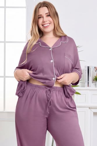 Women Plus Size Button Down Pajamas Long Pants Lounge Sets PJS - color: Hazy Purple, size: 3X-Large