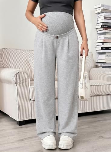 BLENCOT Maternity Pants Over Belly Stretchy Wide Leg Work Trousers - color: Light Grey, size: Large
