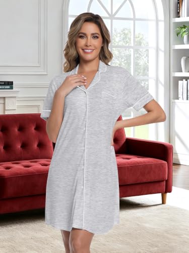 Womens Nightgown Bamboo Viscose Button Down Night Gowns - color: Marle Grey, size: X-Large
