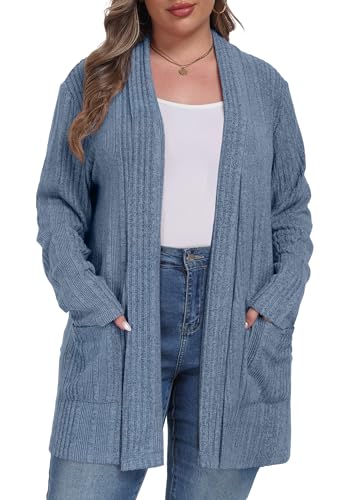 OLRIK Womens Plus Size Cardigan Loose Outwear with Pockets - color: C-blue, size: 3X