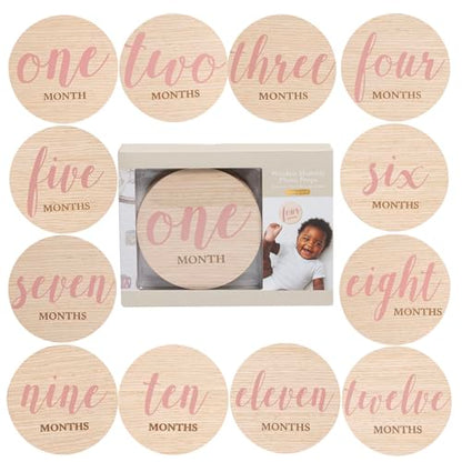 Kate & Milo Wooden Baby Monthly Milestone Discs, Pink Script Design - color: Pink Text Circle