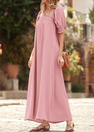 KIRUNDO Women Summer Maxi Dress Puff Sleeve Long Dresses - color: Bean Paste Pink, size: Medium