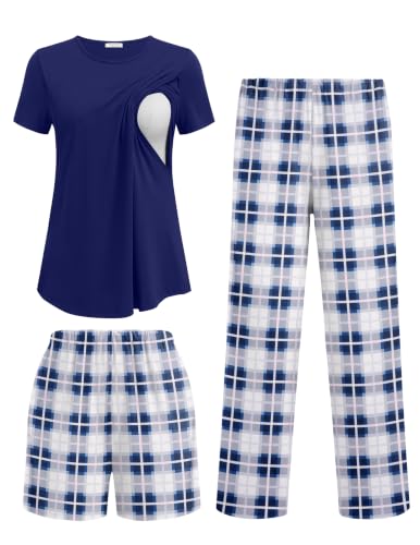 Ekouaer 3 Piece Maternity Nursing Pajamas Set Short Sleeve Breastfeeding Pjs - color: Navy Blue and White Plaid, size: Large