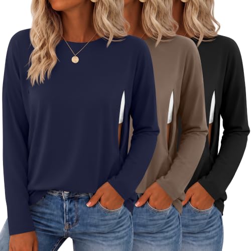 3 Pack Nursing Breastfeeding Tops - color: Charcoal Gray, Light Brown, Black, size: Medium