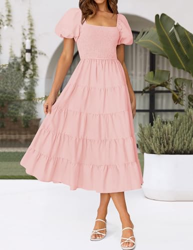 ZESICA Women Summer Puff Sleeve Boho Wedding Guest Midi Dress - color: Pink, size: Large