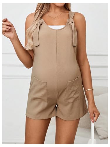 OYOANGLE Women's Maternity Romper Tie Knot Wide Strap Summer Overall - color: Khaki, size: X-Small