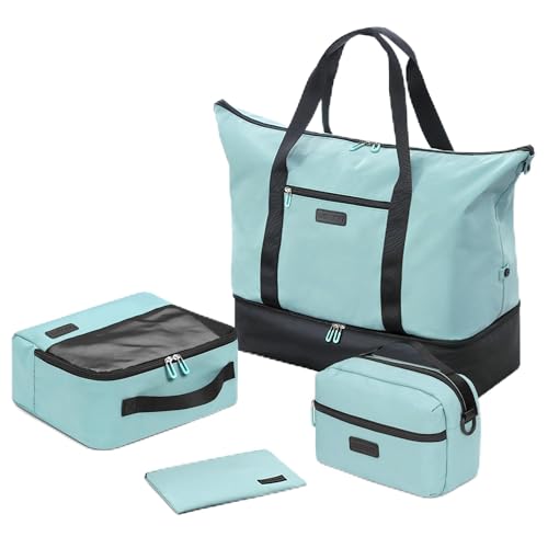 Oeihuivt Weekender Bags for Women with 3 Extra Pack - 21 Inch Large Travel Duffel Bag Set with Shoe Compartment, Heavy-Duty nylon Carry On Overnight Tote Black+Green - color: BlackGreen+3 Extra Packs
