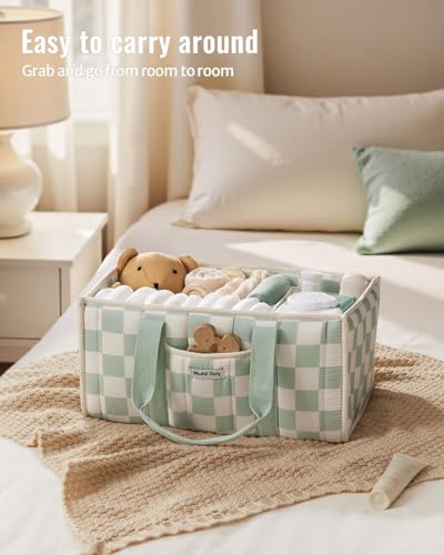 Blissful Diary Checkered Diaper Caddy Organizer, Storage Basket, Sage Green - color: Checkered Sage Green