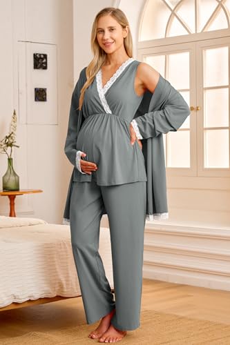 OUGES Womens Cotton Blend Maternity Nursing Robe Set 3 PCS Postpartum 3 in 1 Labor Delivery Hospital Pjs Tank Top & Pants - color: Dark Grey, size: Small