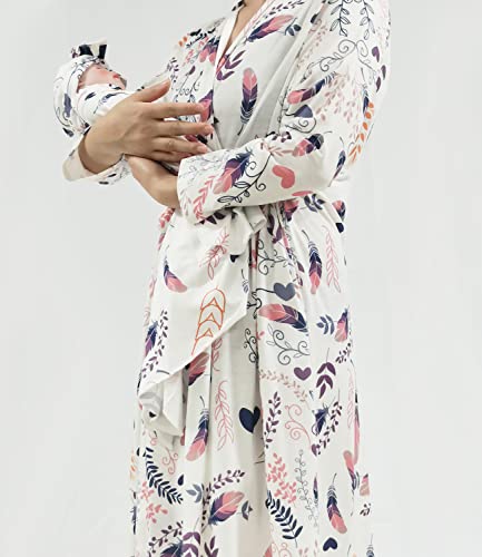 SUFEINI Maternity Robe with Matching Swaddle Set, Mommy Me Swaddle Set Maternity Bathrobe Labor Nursing Delivery Gown - color: B09-feather, size: XX-Large