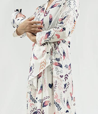 SUFEINI Maternity Robe with Matching Swaddle Set, Mommy Me Swaddle Set Maternity Bathrobe Labor Nursing Delivery Gown - color: B09-feather, size: Medium