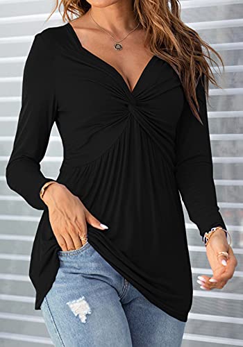 Tankaneo Women V-Neck Front Knotted Tshirt Long Sleeve Oversized Tunic Top - color: B19-black, size: Medium