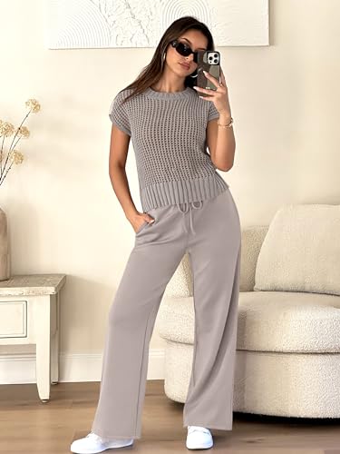 ANRABESS Women Two Piece Outfits Crochet Lounge Matching Travel Sets - color: Light Khaki, size: Large