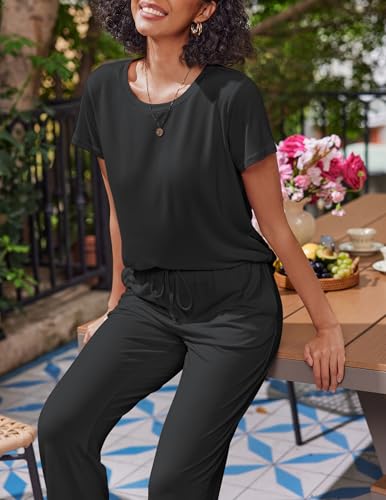 Ekouaer 2 Pack Womens Pajama Set Short Sleeve Top and Printed Pants Soft Pj - color: Black/Grey Star, size: Medium