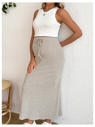MakeMeChic Women's Maternity 2Pc Sets Crew Neck Crop Tank Tops Mid Skirt - color: Multicolor, size: Small