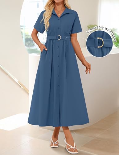 ZESICA Women's Summer Button Down Short Sleeve Midi Dress - color: Navy, size: Small