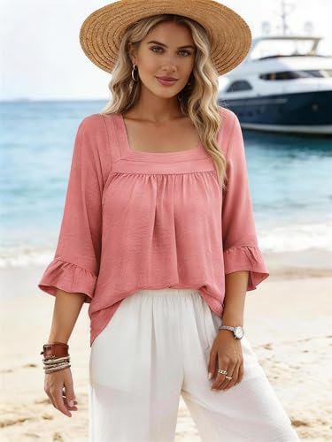 Bulotus Womens Plus Size Tops Square Neck Blouse Boho Top Chiffon 3/4 Sleeve Ruffle Shirt Cute Tunic 2026 Spring Summer - color: Light Pink, size: 3X-Large Plus