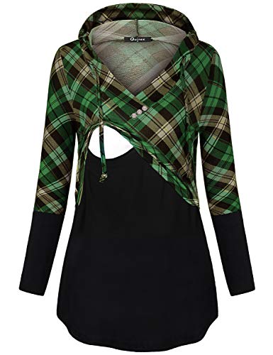 Quinee Women's Long Sleeve Plaid Colorblock Nursing Pullover Hoodie Sweatshirts - color: Black Green Plaid, size: Small
