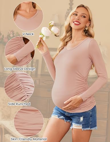 Ekouaer Womens Maternity Shirts Long Sleeve 4 Pack V Neck Pregnancy Tops - color: Caramel/Dark Grey/Black/White, size: Medium