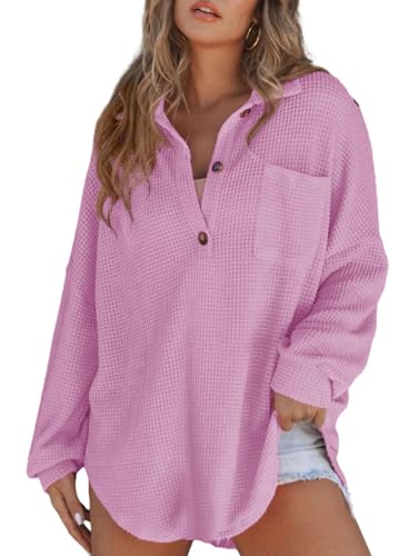Astylish Women Waffle Knit Tops Henley Shirts - color: Y Phalaenopsis, size: Small