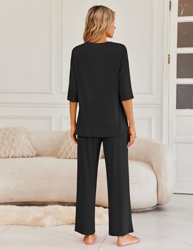 Ekouaer Womens Pajamas Set 2 Piece 3/4 Sleeve Tops Long Pants Pj Set - color: Black, size: Medium