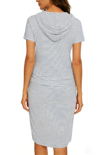 Women's Maternity Hoodie Dress Short Sleeve Split Side Ruched Pregnancy Clothes - color: Pinstripe, size: Large