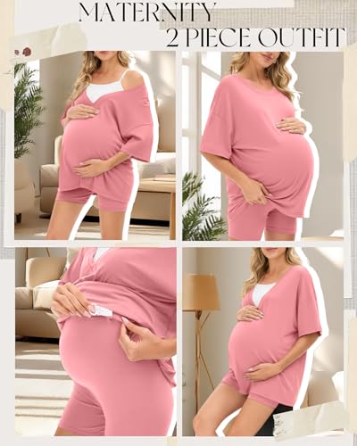 Women's 2 Piece Maternity Oversized Set - color: Rose Pink, size: Small