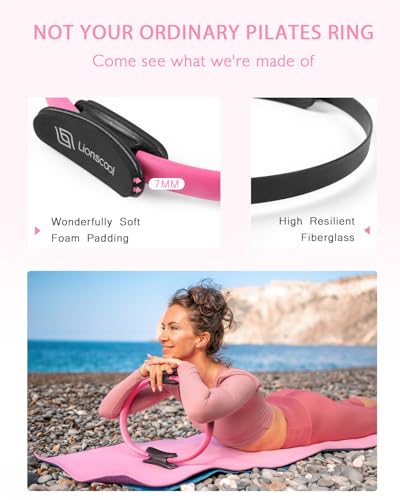 LIONSCOOL Pilates Ring Set 14" Magic Circle, 9" Mini Ball, Resistance Bands - color: Pink