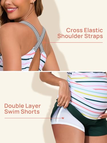 Summer Mae Maternity Two Piece Cross Back Tankini Swimsuit with Pockets - color: Rainbow Parallel Paths, size: 4