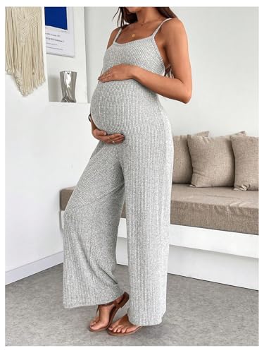 MakeMeChic Women's Maternity Cami Jumpsuit Ribbed Pregnancy Overalls Romper - color: Grey, size: Small