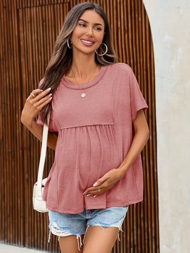 Tankaneo Womens Maternity Tops Batwing Short Sleeve Pregnancy T Shirts - color: Brick Red, size: X-Large