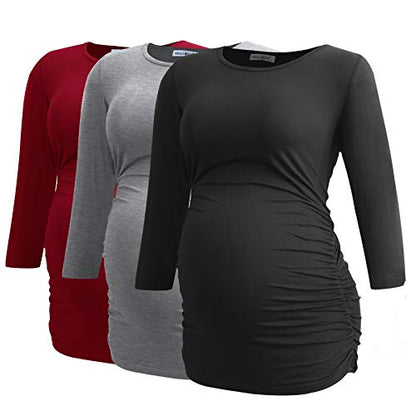 Smallshow Women's Maternity Tunic Shirts 3/4 Sleeve Ruched Pregnancy Tops - color: Wine-black-grey(3 Pack), size: Medium