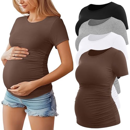 Huukeay 4 Pack Women's Short Sleeve Maternity Tops - color: Black, White, Light Gray, Coffee, size: Medium