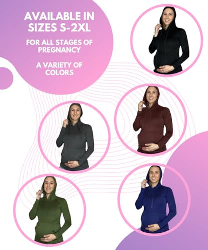 MISS POPULAR Womens Maternity Hoodie Ruched Side Long Sleeve Front Pocket Cozy Pregnancy Layering Sweatshirt - color: Maroon, size: Medium