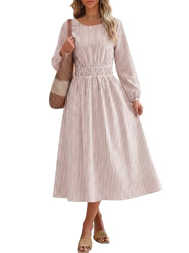 ANRABESS Women's Long Sleeve Striped Fall Midi Dress with Pockets - color: Light Brown White Stripe, size: Medium