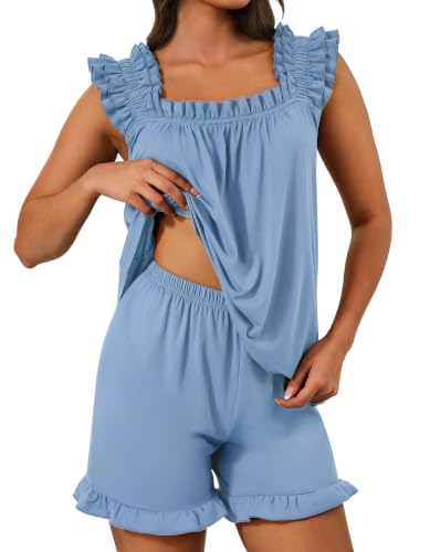 SIMIYA Pajamas for Women Set Ruffle 2 Piece Pj Sets Soft Bridal Sleepwear - color: Blue, size: Large