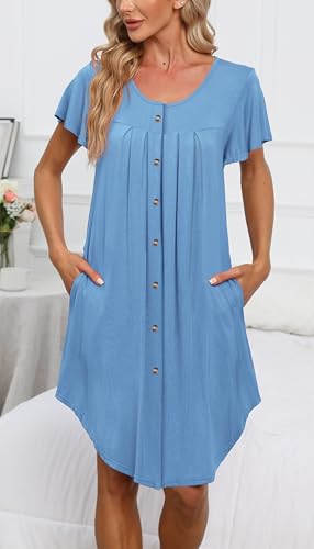 Womens Button Down Nightgown Pleated Front Short Sleeve Sleepshirt - color: A-solid - Baby Blue, size: 3X-Large