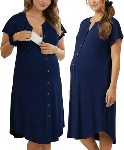 PATPAT Maternity Nursing Dress, Womens Button-Down Midi Dress with Pockets - color: Navy Blue, size: Medium
