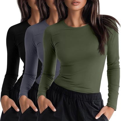 Neer 3 Pack Womens Long Sleeve Underscrub Shirts - color: Black, Dark Gray, Army Green, size: Medium