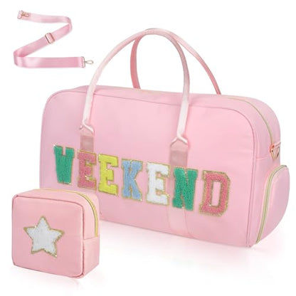 2 Pcs Weekend Duffel Bag with Shoes Compartment Cosmatic Bag for Travel Vacation Overnight Carry on - color: Pink/Weekend