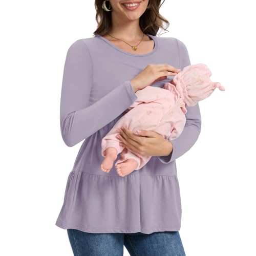 Bearsland Long Sleeve Nursing Top - color: Iron Gray & Pastel Purple & Purple Floral, size: Small