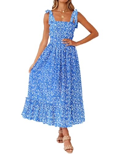 Tobrief Women's Boho Dress Summer Spaghetti Strap Square Neck Flowy Ruffle Beach Long Maxi Dress - color: 01 Blue Floral, size: Medium